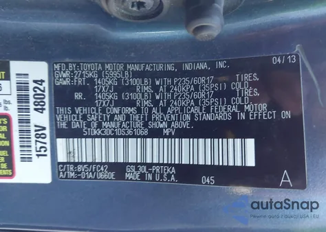 2013 Toyota Sienna Le V6 8 Passenger из США, поврежденный, VIN 5TDKK3DC1DS361068